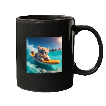Discover A cute cat surfing in the blue water Mugs