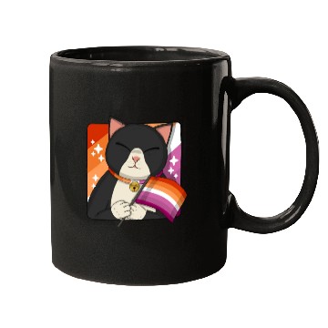 Discover Cute Tuxedo Cat Holding Lesbian Pride Flag Mugs