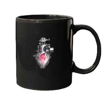 Discover Realistic human heart like car engine ink drawing Mugs