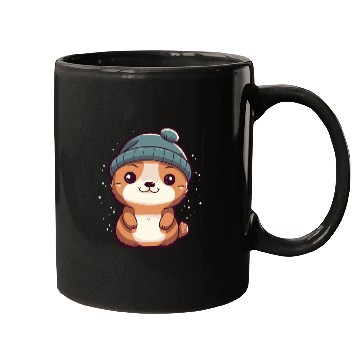 Discover Cute Baby Otter with Winter Hat and Snowflakes Mugs
