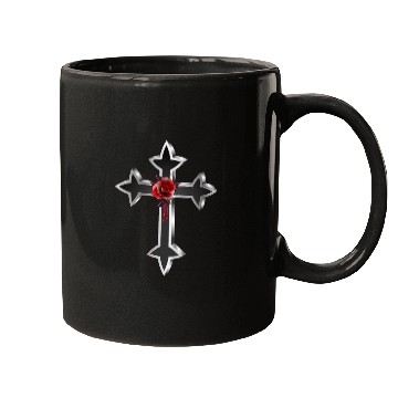 Discover black silver colored gothic cross with red rose Mugs