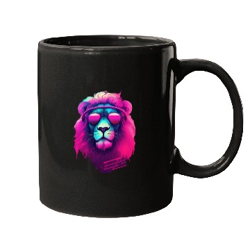 Discover Synthwave Sun King Lion s Neon Shades Mugs