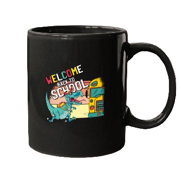 Discover Funny T-Rex Running to School Bus Welcome Back to Mugs