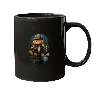 Discover Cat On Fish Cat Fisherman Mugs