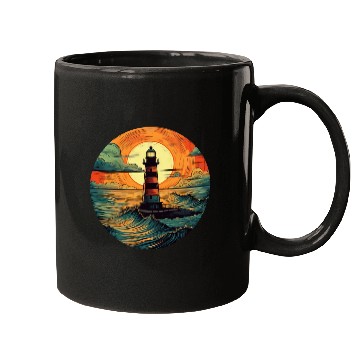 Discover Lighthouse at Sunset, Romantic Nature Design Mugs