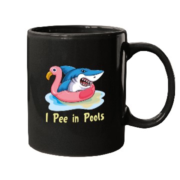Discover I pee in pools shark on flamingo float Mugs