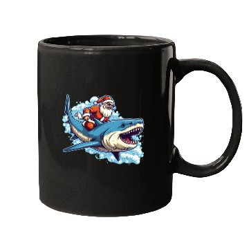 Discover Santa Claus riding a shark Mugs