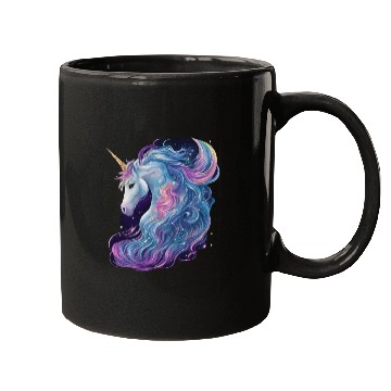 Discover Unicorn with flowing mane surrounded by stars Mugs