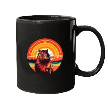 Discover Sunset Serenity: Rustic Capybara Stripe Illustrate Mugs