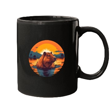 Discover Sunset Serenity: Rustic Capybara Stripe Illustrate Mugs