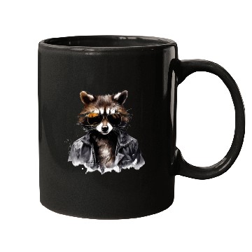 Discover Cool raccoon in black jacket Mugs