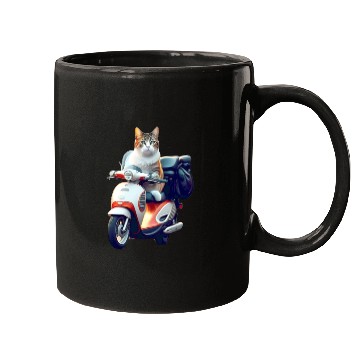 Discover 3D cute adorable white cat rides a red motorcycle Mugs