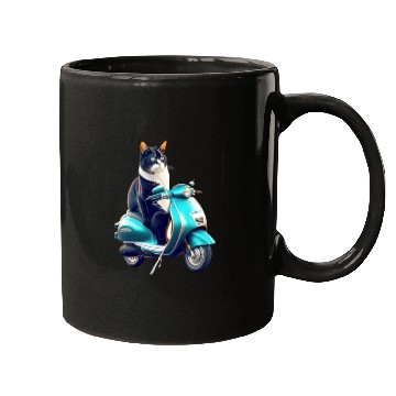 Discover 3D cute funny black cat rides a blue motorcycle Mugs