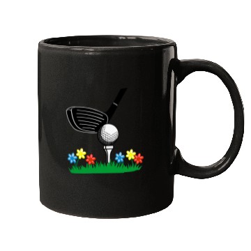 Discover Golf stick and ball on grass field with flowers Mugs