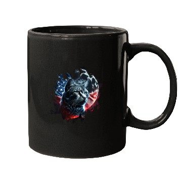 Discover America cat under Moon with American Flag Mugs
