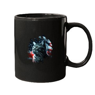 Discover America cat under Moon with American Flag Mugs