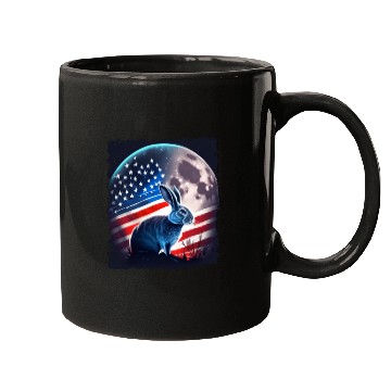 Discover America rabbit under Moon with American Flag Mugs