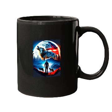 Discover America wolf under Moon with American Flag Mugs