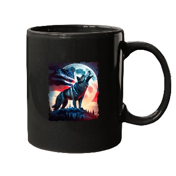 Discover America wolf under Moon with American Flag Mugs