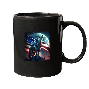 Discover America wolf under Moon with American Flag Mugs