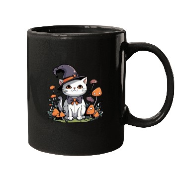 Discover Whimsical Witch Cat with Mushrooms Mugs