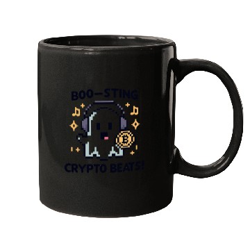 Discover Quirky 8-Bit Ghost with Crypto Beats - Halloween Mugs