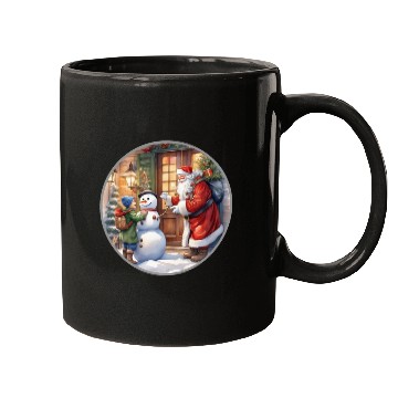 Discover Santa Claus and a snowman distributes gifts. Mugs