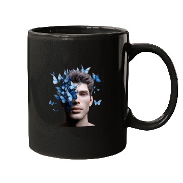 Discover Male Face with Blue Butterflies Mugs