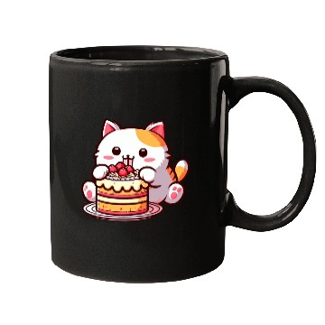 Discover Cherry Cake Delight: Sweet Comic Cat Indulges Mugs