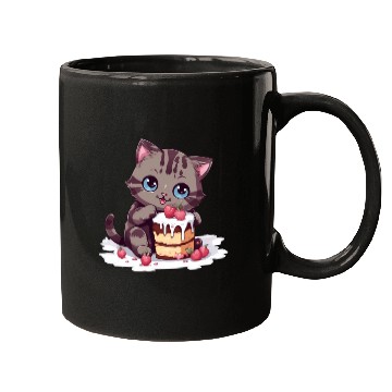 Discover Cherry Cake Delight: Sweet Comic Cat Indulges Mugs