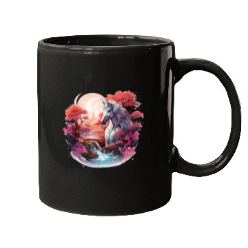 Discover Joyful unicorn scene with a smiling unicorn Mugs