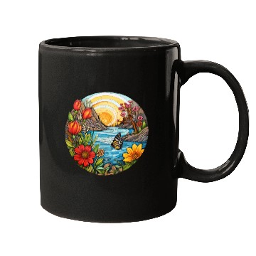 Discover Sunset Whorls over Serene River Mugs