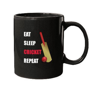 Discover Eat Sleep Cricket Repeat Red and White Text Mugs