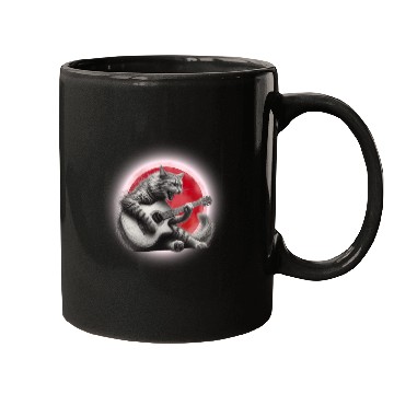Discover Rock Cat Playing Guitar Mugs under the red moon