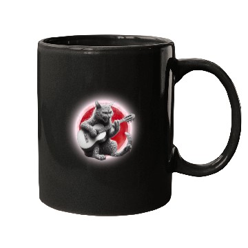 Discover Rock Cat Playing Guitar Mugs under the red moon