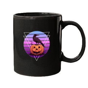 Discover Raven Crow On Pumpkin Vaporwave Halloween Pagan Ae Mugs