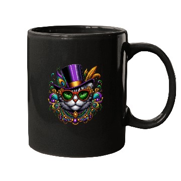 Discover Mardi Gras cat with hat and glasses Mugs