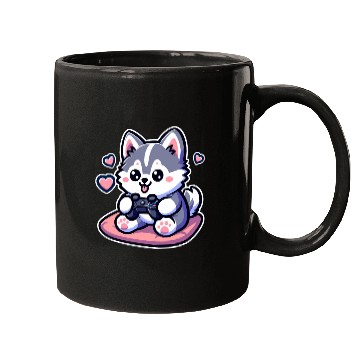 Discover Cute Husky Dog Sitting and Enjoy Play ConsoleGame Mugs