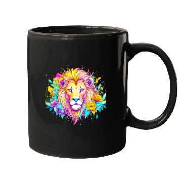 Discover Colorful lion surrounded by flowers Mugs