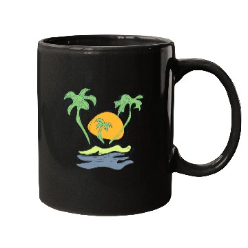 Discover Outline beach scenery with palm trees island Mugs