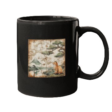 Discover Mt. Fuji Kitten Papyrus Scroll Retro Japanese Art Mugs
