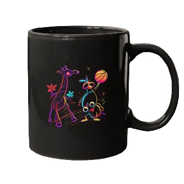 Discover Neon Showdown: Giraffe & Bird's Basketball Duel Mugs