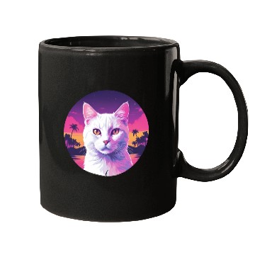 Discover Synthwave White Cat 2 Mugs