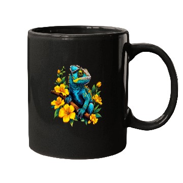 Discover Chameleon on a Branch Surrounded by Flowers Mugs