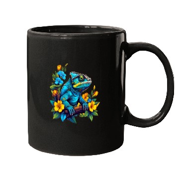Discover Chameleon Sitting on Branch Surrounded by Flowers Mugs