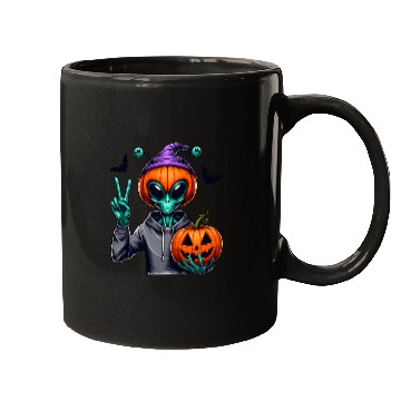 Discover Peaceful alien with Halloween pumpkin Mugs