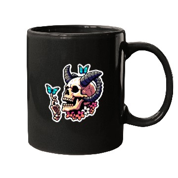Discover Pixel Art Horned Skull enjoy the butterflies Mugs