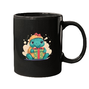 Discover Cute Little Green Turtle Holding a Gift Mugs