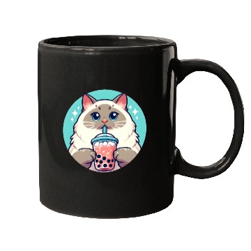 Discover Siamese cat having bubble tea Mugs