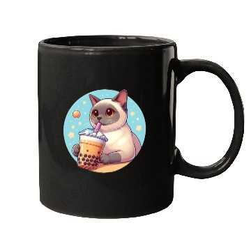 Discover Siamese cat having bubble tea Mugs